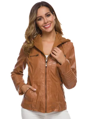 PU Leather Jacket Hooded Spring Outerwear For Women 2024